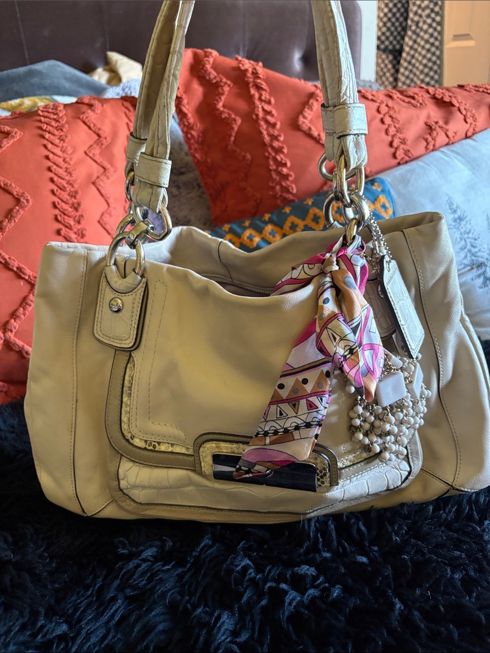 Coach Kristen Cream Leather Shoulder Bag with Pink Scarf Charm